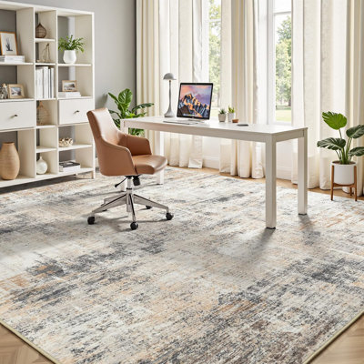 9'X12' Modern Abstract Distressed Washable Area Rug with Anti-Skid Rubber Backing Beige