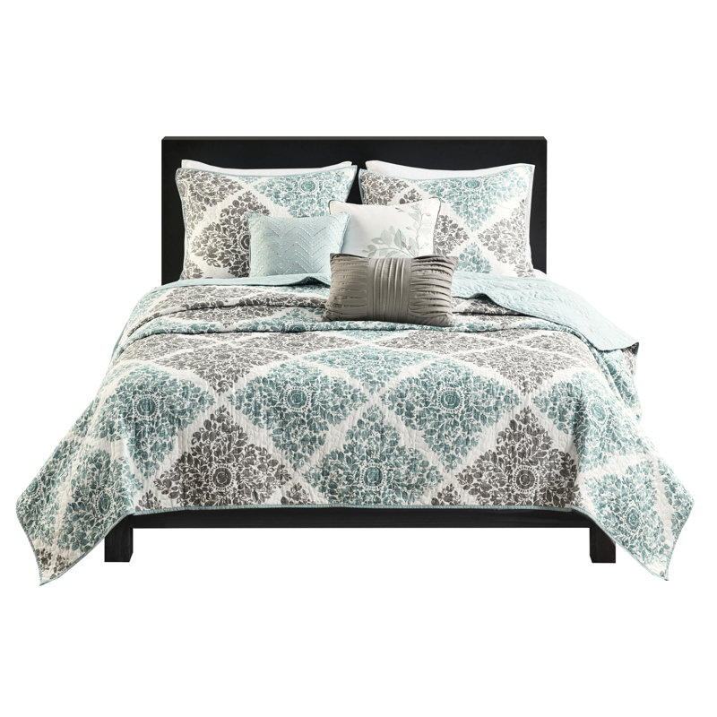 Très grand / très courtepointe très grand 6 pièces, microfibre avec matelassage vermicelle, imprimé feuille de diamant, 2 taies décoratives, 3 coussins réversibles pour - microfibre imprimée, motif, tissu doux brossé,