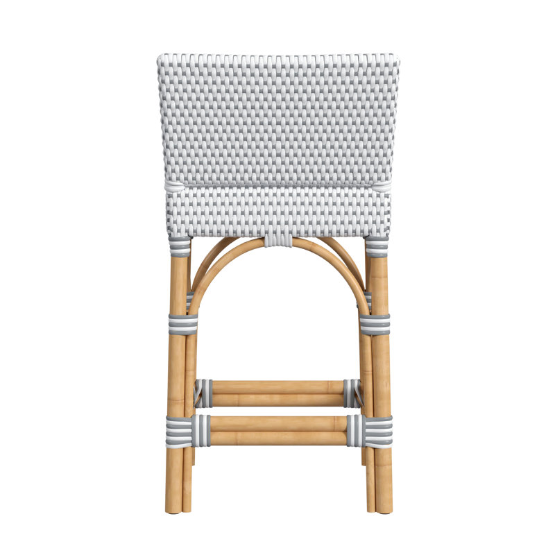 Serienna Blue & White Rattan Low Back Counter Stool, Counter Stool 24" Seat Height, White/Gray Dot