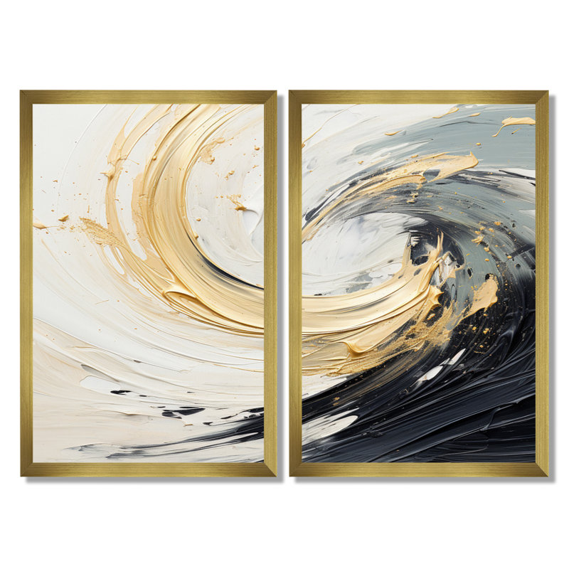 «Radiant Revolve», spirale dorée moderne, H 36 po x l 48 po, Avec cadre, Doré