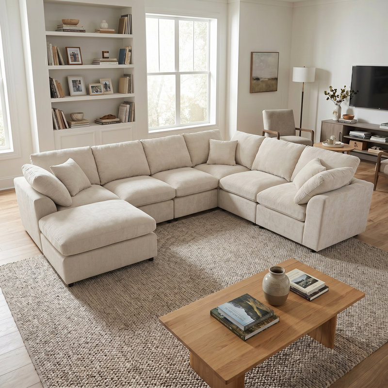 Très grand canapé modulaire à 7 places de 124,8 po | Design en L et repose-pieds mobile | Chenille de qualité supérieure: confort semblable au velours | Structure en bois de pin massif pour le bureau du salon | Espace spacieux