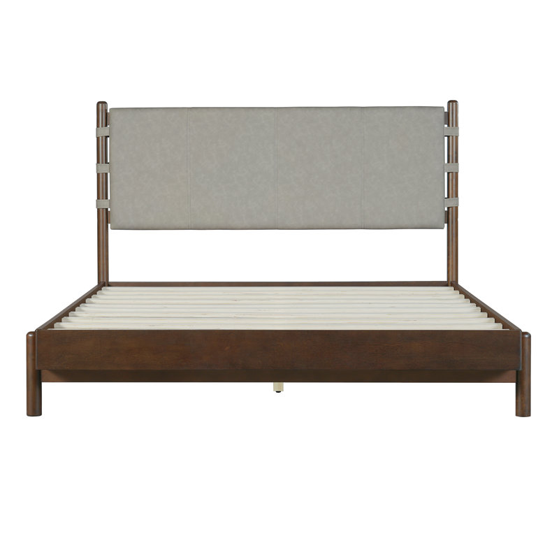 Structure de lit plateforme en bois d'hévéa de qualité supérieure, structure de lit grand avec tête de lit incluse, lit de style Mid-Century moderne en noyer et gris clair