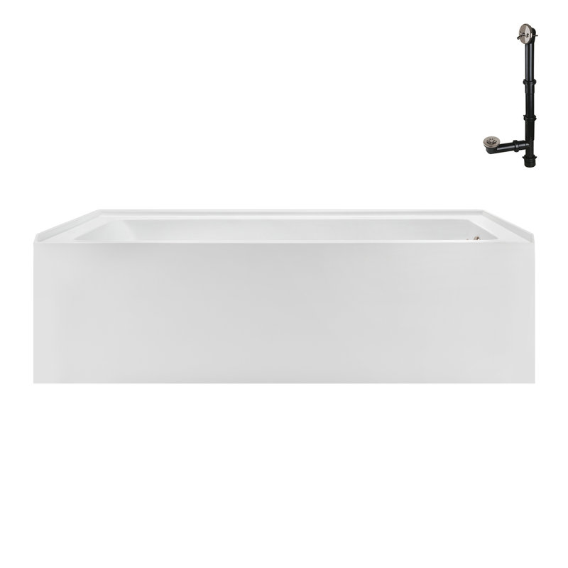 Baignoire en alcôve en acrylique blanc brillant avec drain extérieur 66 po x 32 po Streamline, Nickel brossé