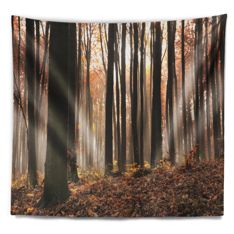 Tapisserie de forêt automne en bois épais foncé, H 68 po x l 80 po