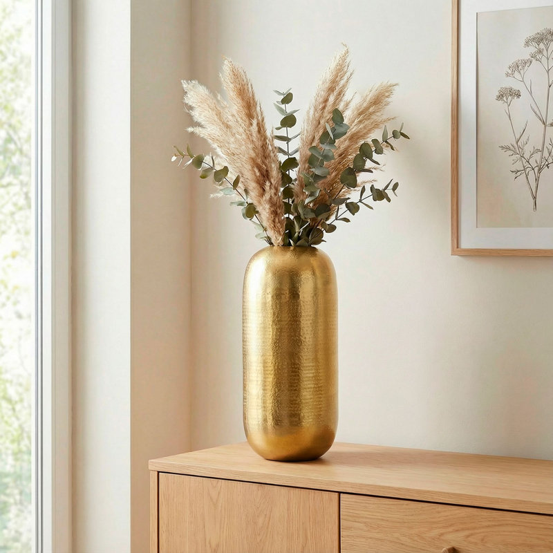 Gold Hammered Aluminium Floor Vase, Round Tall Modern Decorative Vase, 45cm H x 20cm W x 20cm D