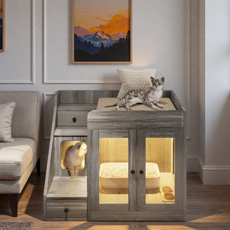 Enceinte de litière pour chat avec lumière, 2 tiroirs de rangement et maison pour chat confortable, Gris
