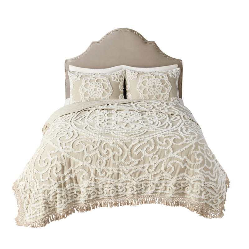 Couvre-lit en coton chenille à médaillon taupe F / q - style global, 100% coton, literie toutes saisons, facile à laver, aspect chambre double / grand, propre,