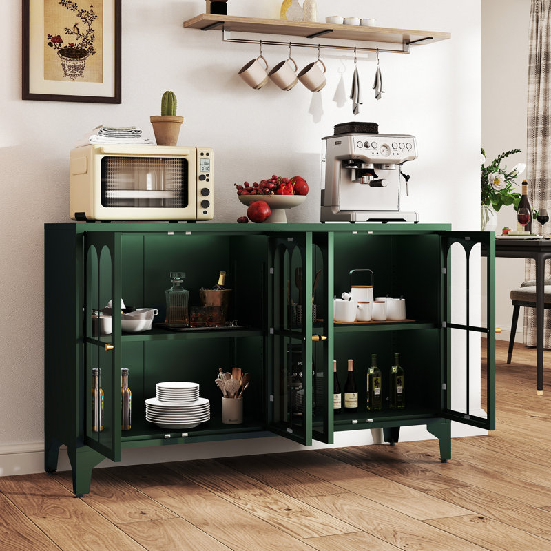 53.2" W Metal Sideboard Buffet Cabinet With Glass Door, Adjustable Shelves, COB LED Light, Dark Green
