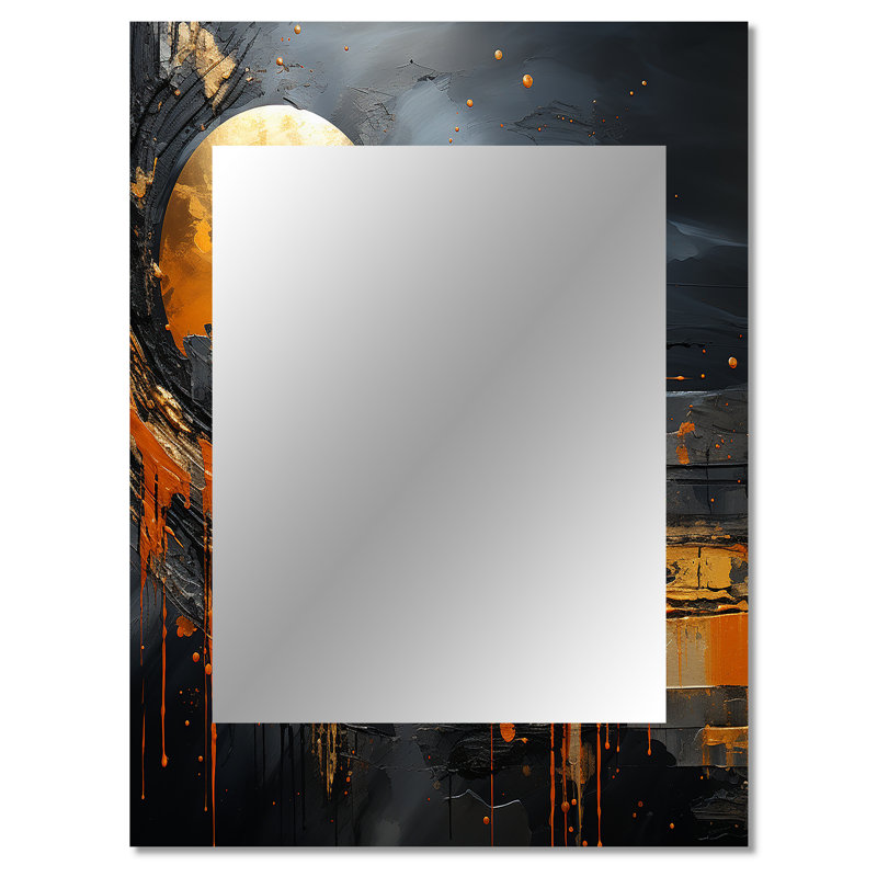 Marbre noir et orange lune II - miroir de formes, miroir mural décoratif orange, impression d'art en métal, 40 po x 30 po