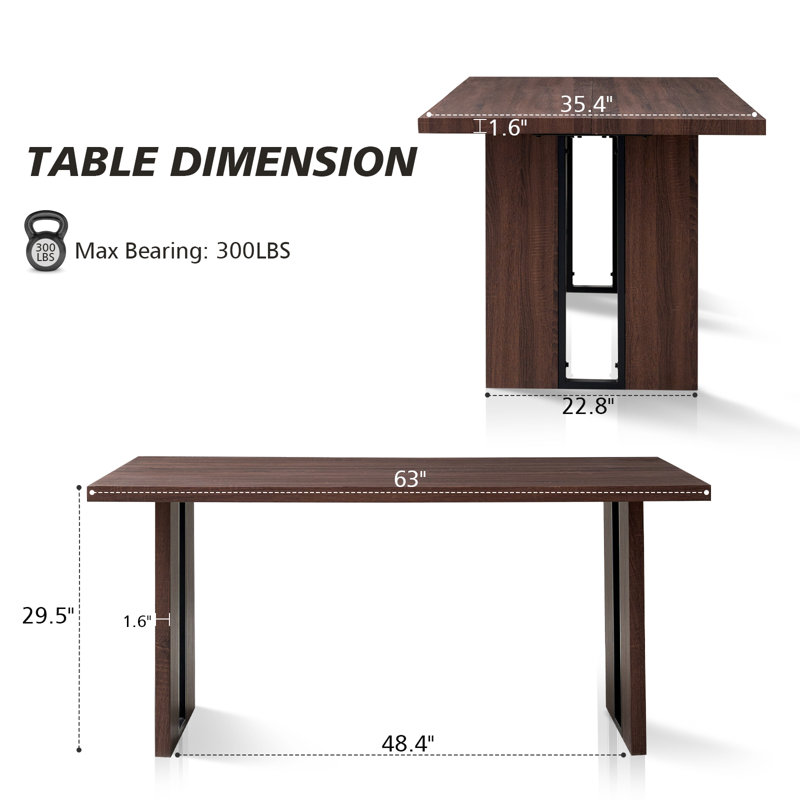 63" Rectangle Wood Dining Table For Kitchen, Dinner Table For 4 6 People With Heavy-Duty Legs, Brown
