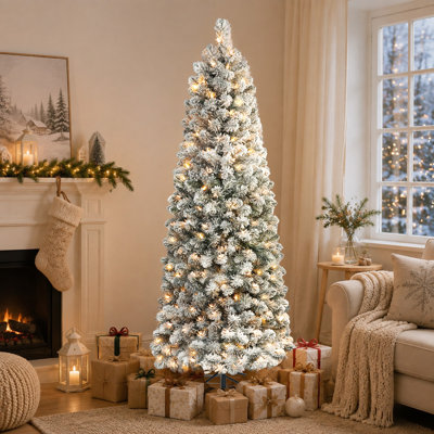 4ft Prelit Snow Flocked Slim Pencil Artificial Christmas Tree, 100 Warm White Lights, 2-Section Hinged Design, Foldable Steel Stand, Easy Assembly, Green & White