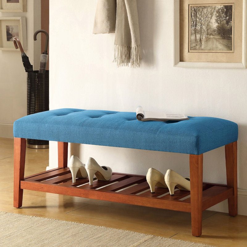 Fabric Upholstered Blue And Oak Bench With Open Shelf Storage, Kd, Armless Design, Tapered Legs, Padded Seat, 40"L X 16"W 18"H, 24 Lb Backless, Wooden Seat Cushion,
