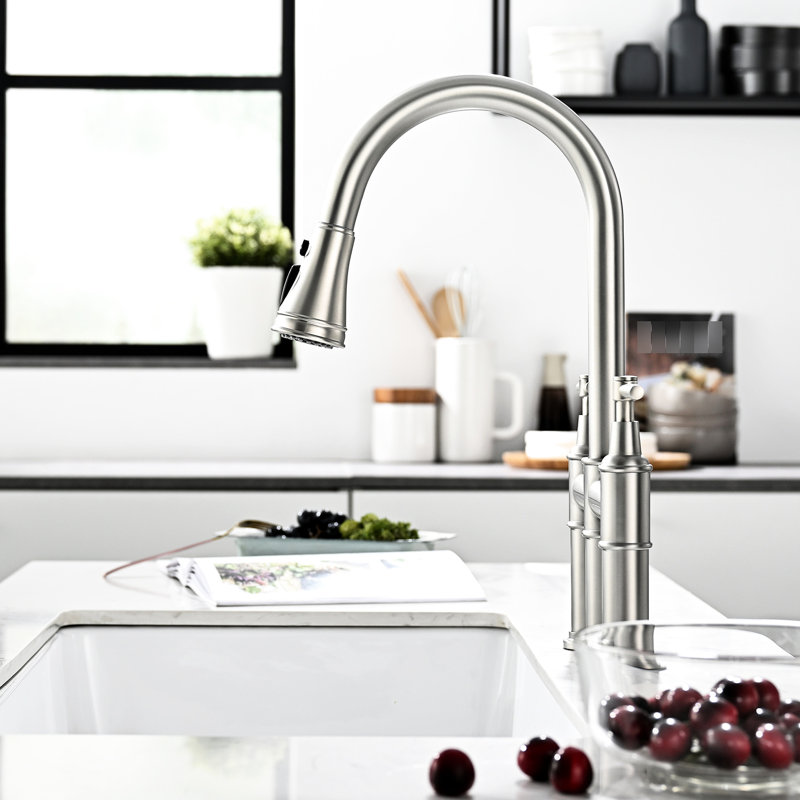 3 Hole Bridge Kitchen Faucet With Pull-Down, Brushed Nickel, 2 Handles, Stylish Design Nickel Sink Faucet, Pull-Down , Holes Efficient