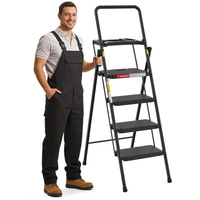 4 Step Ladder with Tool Tray, Anti-Slip Wide Pedals, Sturdy Steel Ladder, Convenient Handrail, Lightweight, Portable Steel Step Stool