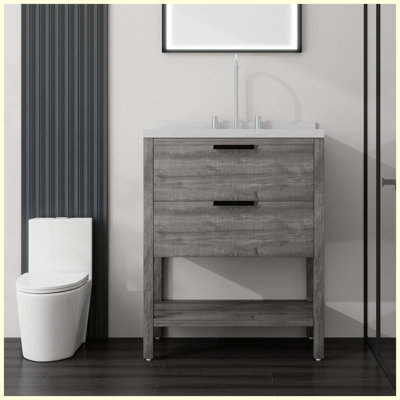 Meuble-lavabo autoportant de 30 po avec lavabo, porte à fermeture douce, comptoir et dosseret en marbre de culture blanc de 2 po Carrara, contreplaqué, gris
