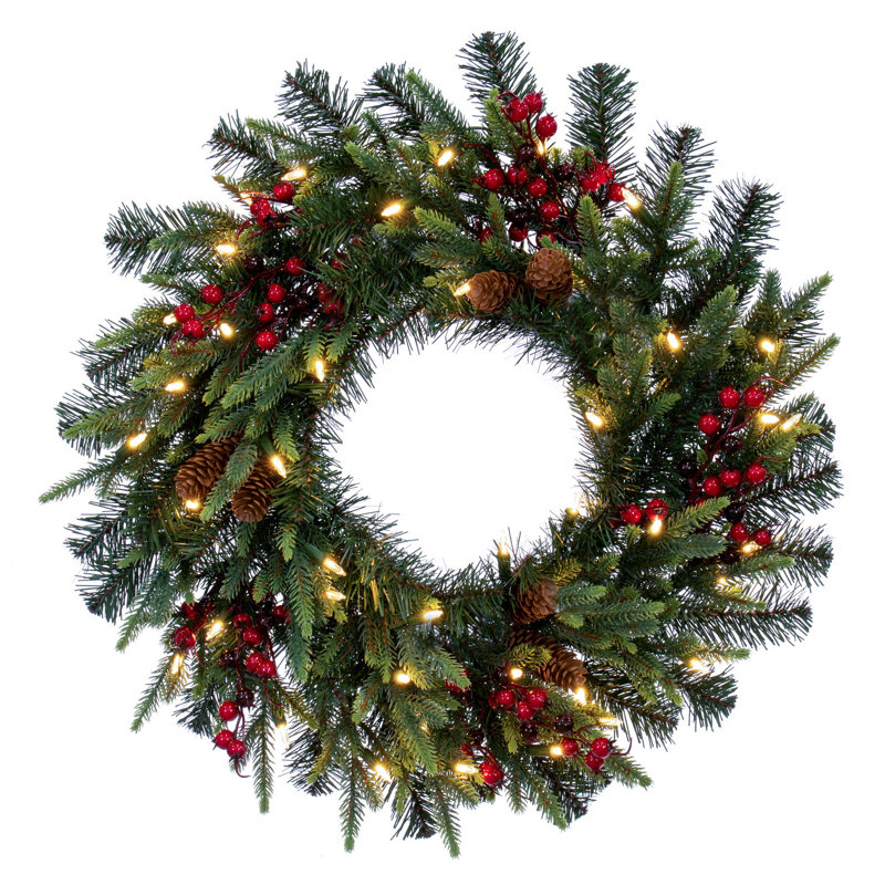 24-Inch Pre-Lit Pine Cone and Berry Christmas Wreath