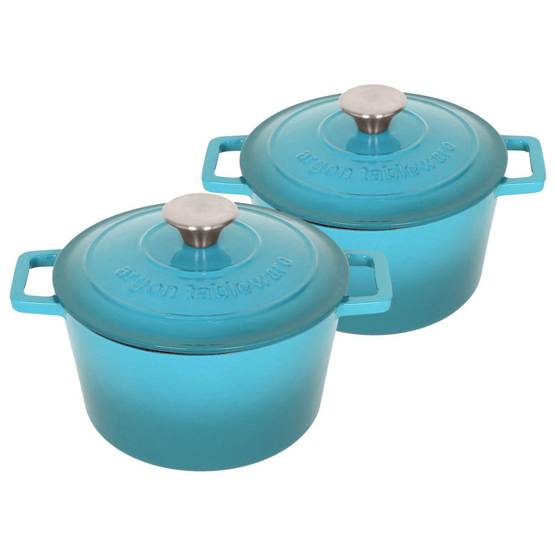 Argon Tableware - Round Cast Iron Casserole Dishes - 2.8L - Pack of 2, Teal