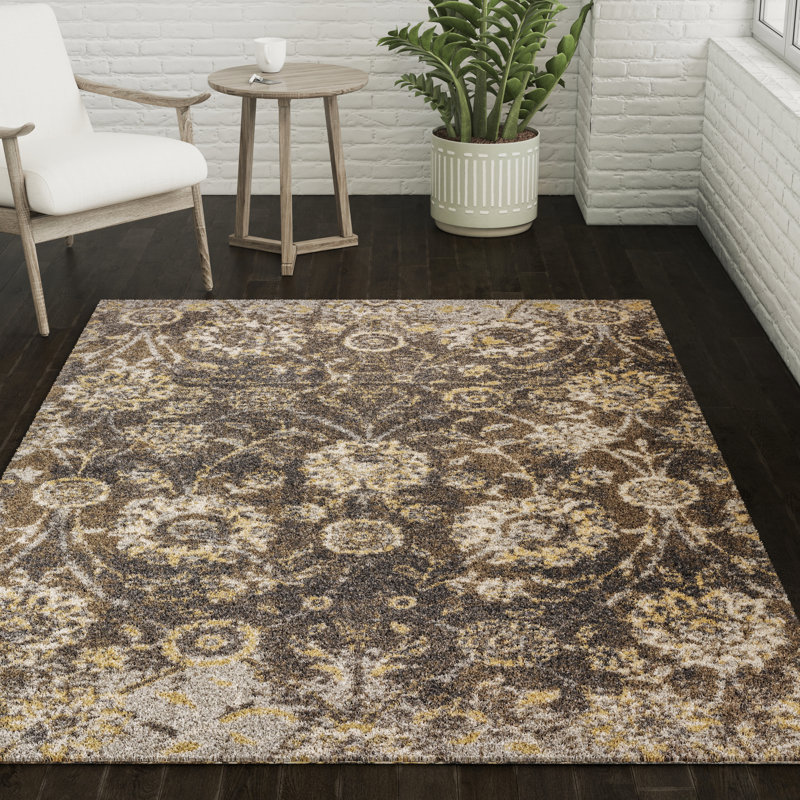 Tapis brun / gris à motif floral Mekhage, Rectangle 9 pi 10 po x 13 pi 2 po