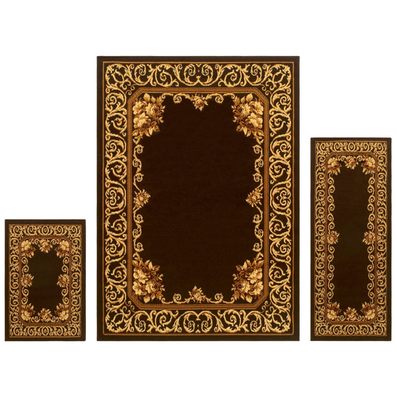 Valarie Traditional Floral Scroll Border Indoor Area Rug 3 Piece Set