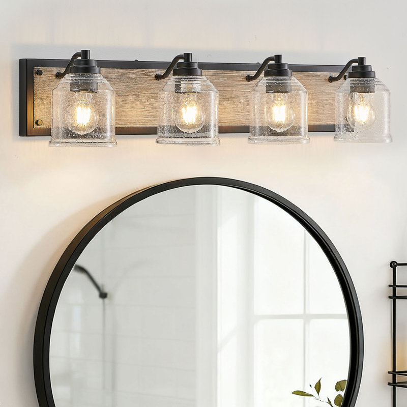 Éclairage pour meuble-lavabo Franchelle Farmhouse, applique murale noire avec abat-jour en verre transparent, panneau arrière en fer résistant à l'humidité