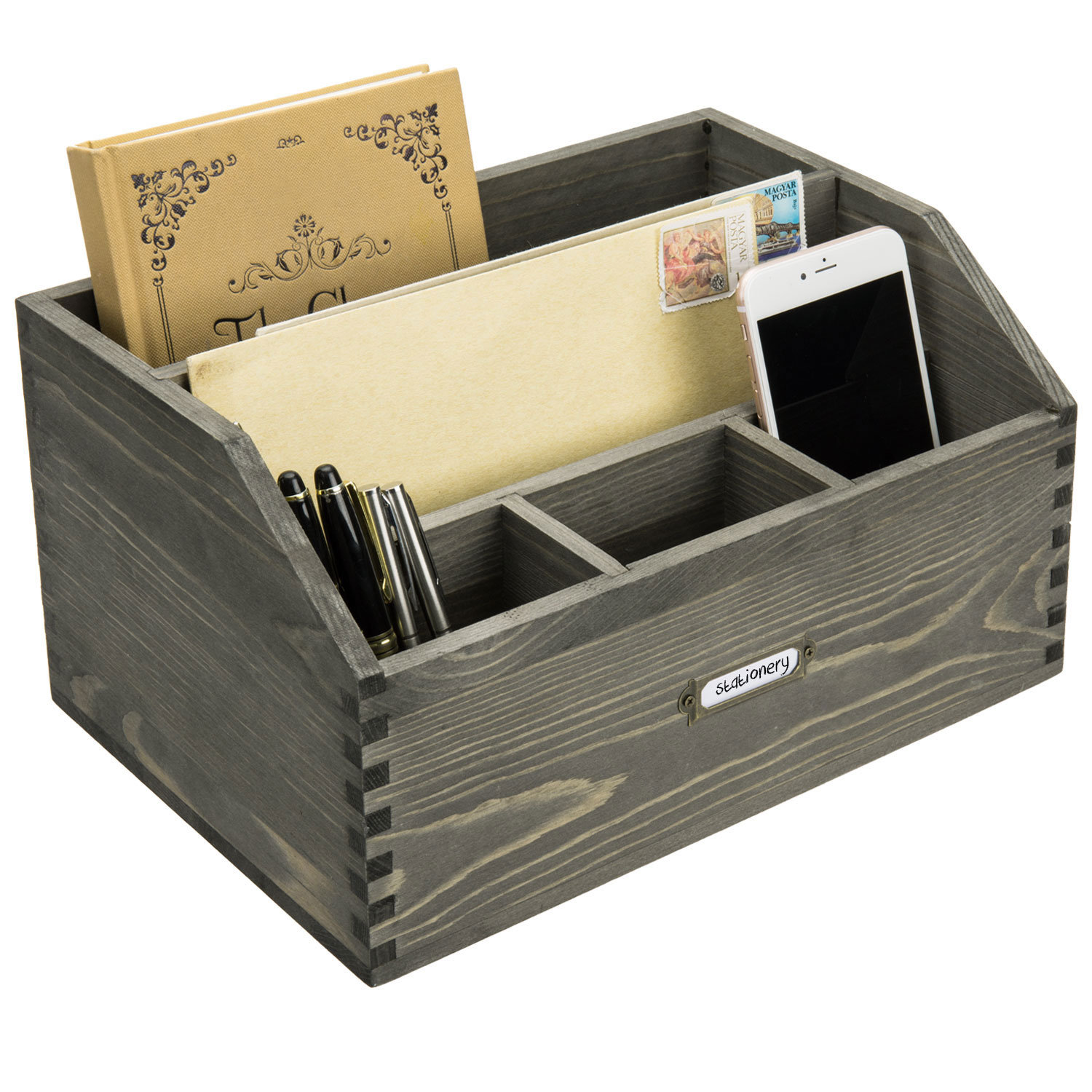 6 Compartment Gray Wood Modular Vanity Storage Box, Tabletop