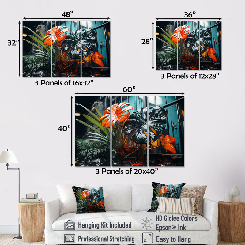 Art mural moderne orange et vert tropical II - Collages abstraits, Toile tendue, H 32 po x l 48 po x P 1 po