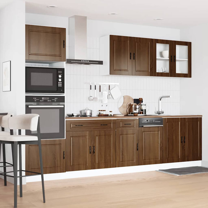 7 Piece Kitchen Cabinet Set Kalmar High Gloss Engineered Wood, Brown Oak
