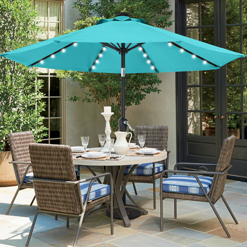 Parasol de marché solaire à DEL Cutshall avec inclinaison et relevage à manivelle, Turquoise, 9'