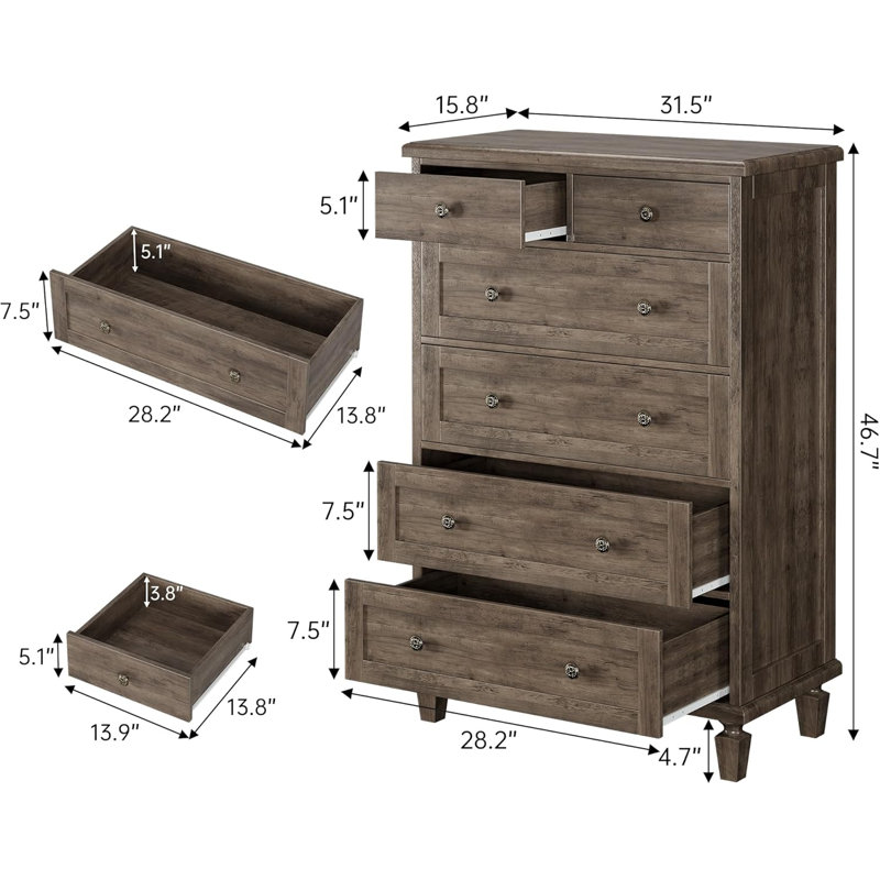 Vintage 6 Drawer Dresser for Bedroom, Tall Wood Dresser with Tapered Legs Support, Dressers & Chests of Drawers, Gray