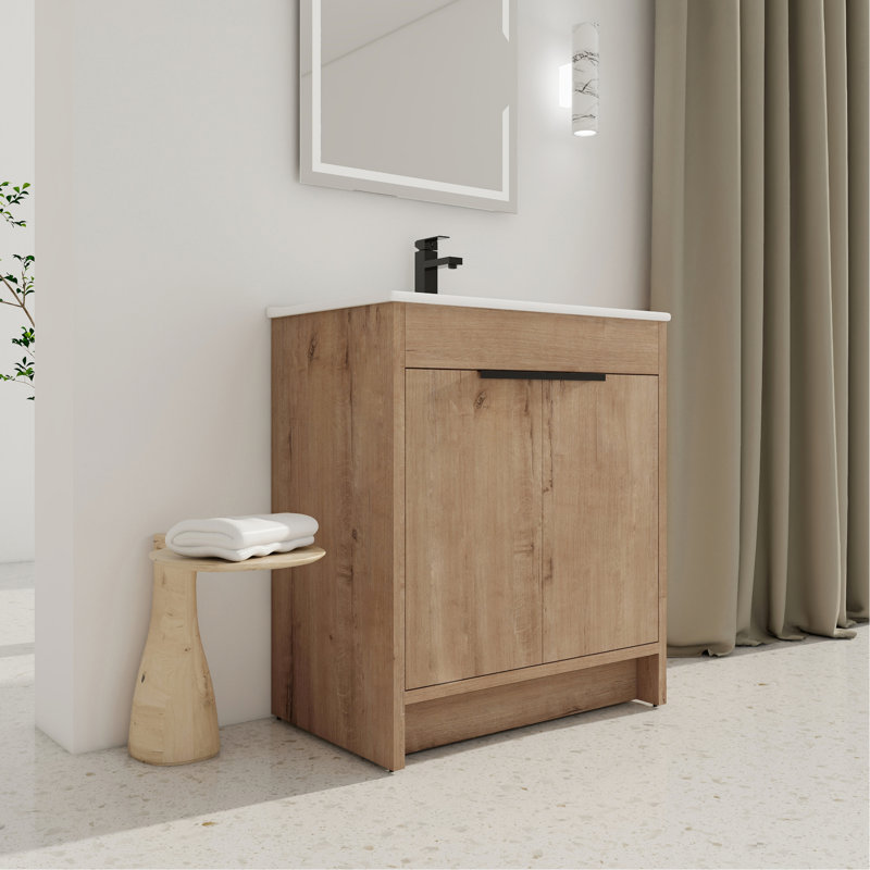 Meuble-lavabo autoportant de 30 po. Lavabo en céramique blanche. 2 portes d'armoire à fermeture en douceur. Matériau en contreplaqué. Meuble-lavabo autoportant moderne. Dimensions. Contreplaqué.