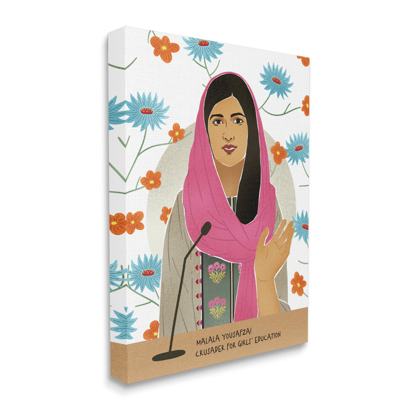 Malala, parole, sur, bleu, orange, fleurs, icône, femme, Toile tendue, H 30 po x l 24 po