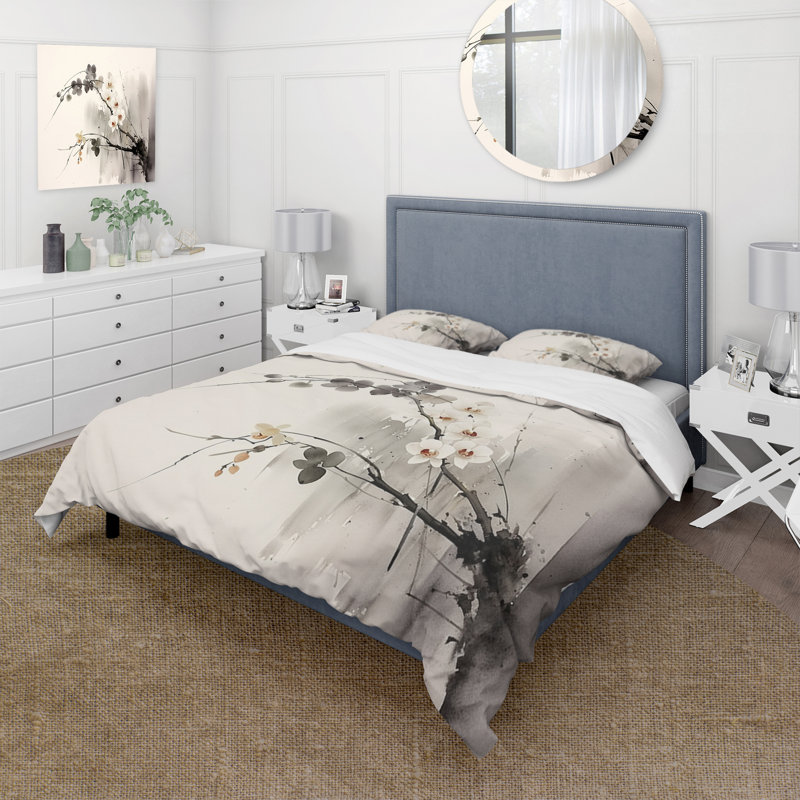 Twin Gray Asian Art Microfiber Duvet Cover Set