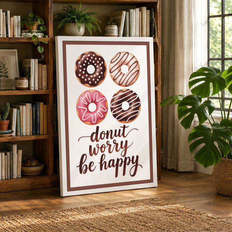 Donut Worry Be Happy Typography - Wrapped Canvas, Cream Border, 24x16 - 61.0 x 40.6 cm