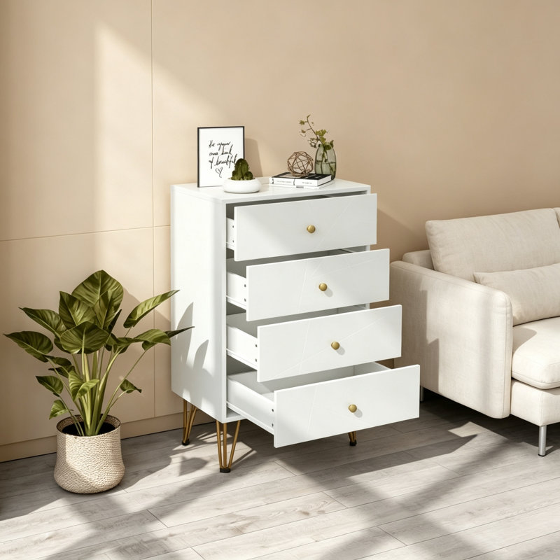 White Tall Chest of Drawers, Modern 4 Drawer Bedroom Storage Dresser Cabinet with Hairpin Legs