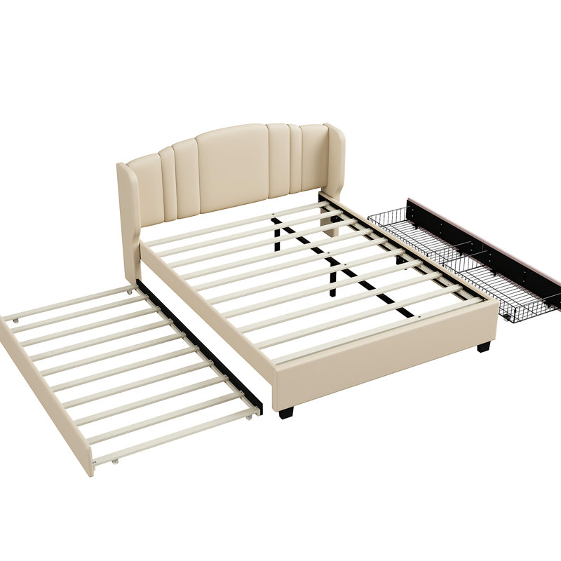 Lit plateforme tapissier beige avec dossier à oreilles, grand lit, 2 tiroirs, lit gigogne simple, sans sommier tapissier, tête de lit à oreilles, grand, tapissier