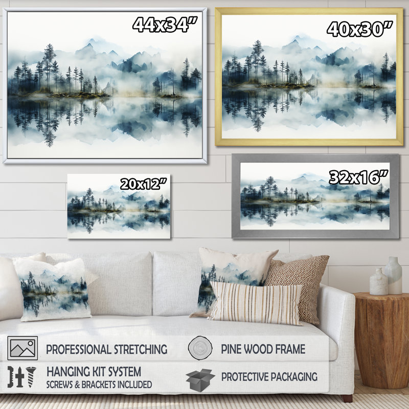 Double exposition de brouillard de montagne paradisiaque - Lake River, Toile tendue, H 16 po x l 32 po x P 1 po