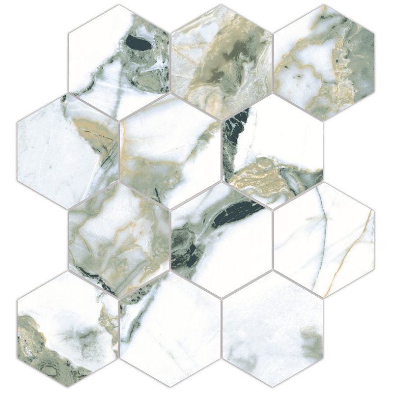 Touche 4" Hex 11-3/4 In. X 13-5/8 In. Porcelain Mosaic Tile, Green/White