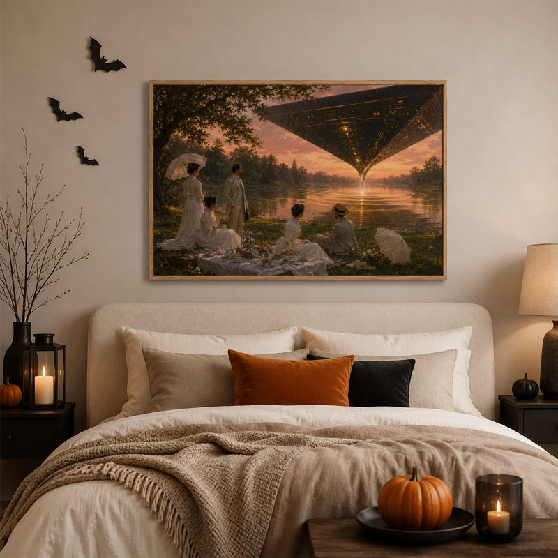 Toile murale d'Halloween « Pique-nique victorien sous un ciel géométrique géant », H 18 po x l 24 po
