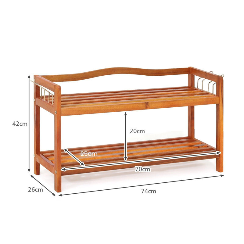 2-Tier Wood Shoe Rack Solid Shoe Storage Shelf Organizing Unit W/ Side Hooks