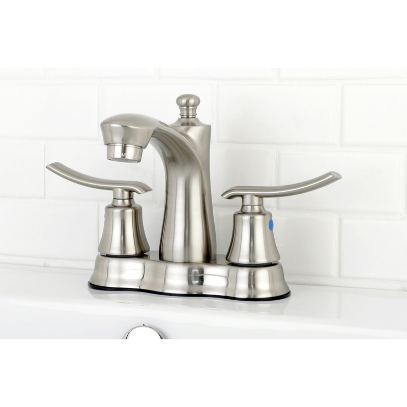 Kingston Brass Jamestown Two-Handle 3-Hole Deck Mount 4" Centerset Bathroom Faucet with Plastic Pop-Up, Brushed Nickel