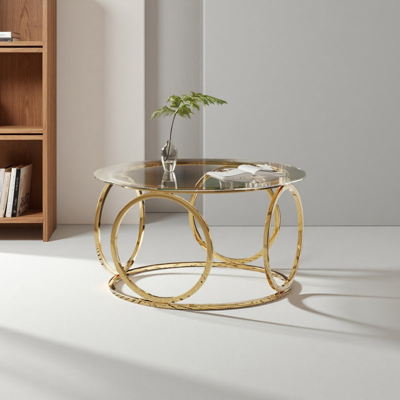 Table basse 31,5 "moderne à plateau rond en verre avec structure circulaire en métal, table d'appoint contemporaine pour le salon