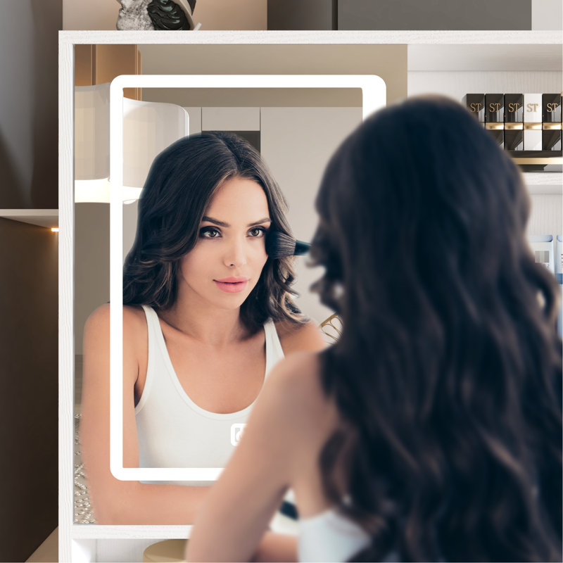 3 Color Lighted Makeup Vanity With Openable Mirror, 4 Drawers & 1 Cabinet Shelves For Bedroom, White Dresser Storage, Drawers, Cabinet, Bedroom Use