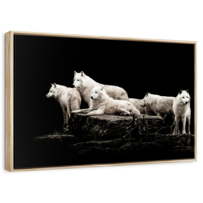 Loups blancs, Cadre flottant en bois naturel, 40 po x 27 po