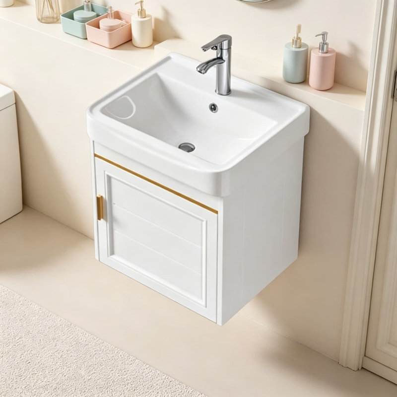Ensemble de meuble-lavabo mural avec lavabo et robinet en céramique, système de drainage complet, conception peu encombrante pour les petites salles de bain