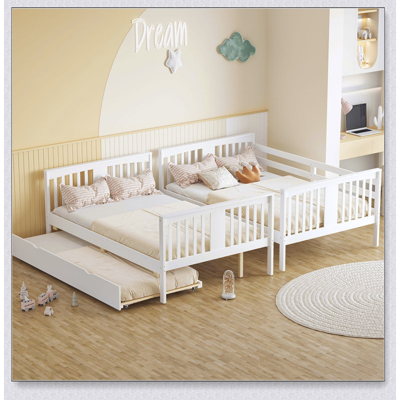 Full Over Full Bunk Bed With Twin Size Trundle And Ladder, White