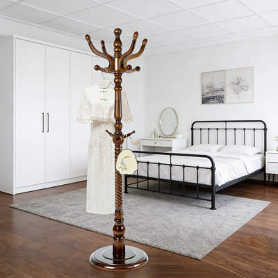 Freestanding Wooden Coat Rack With 11 Hooks And Adjustable Height, Sturdy Hall Tree Stand With Wide Base For Entryway, Hallway, And Bedroom