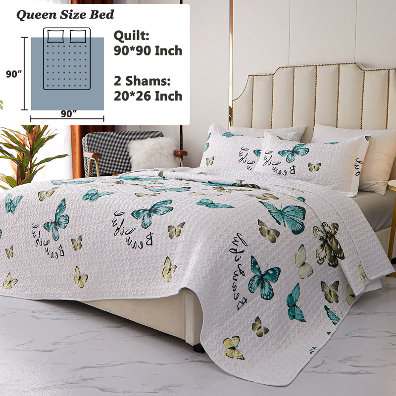 Butterfly Quilt Set - Lightweight Soft Butterfly Bedspread for Bedroom Decor, Queen Quilt + 2 Queen Shams