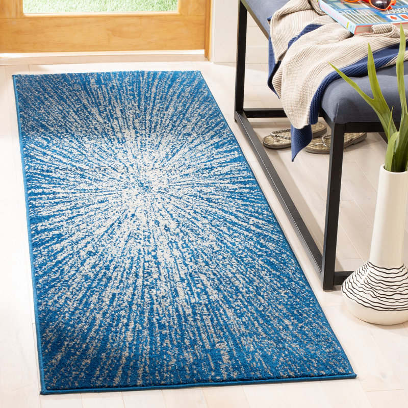 Tapis bleu marine / ivoire Faustina, Tapis de couloir 2 pi 2 po x 9 pi