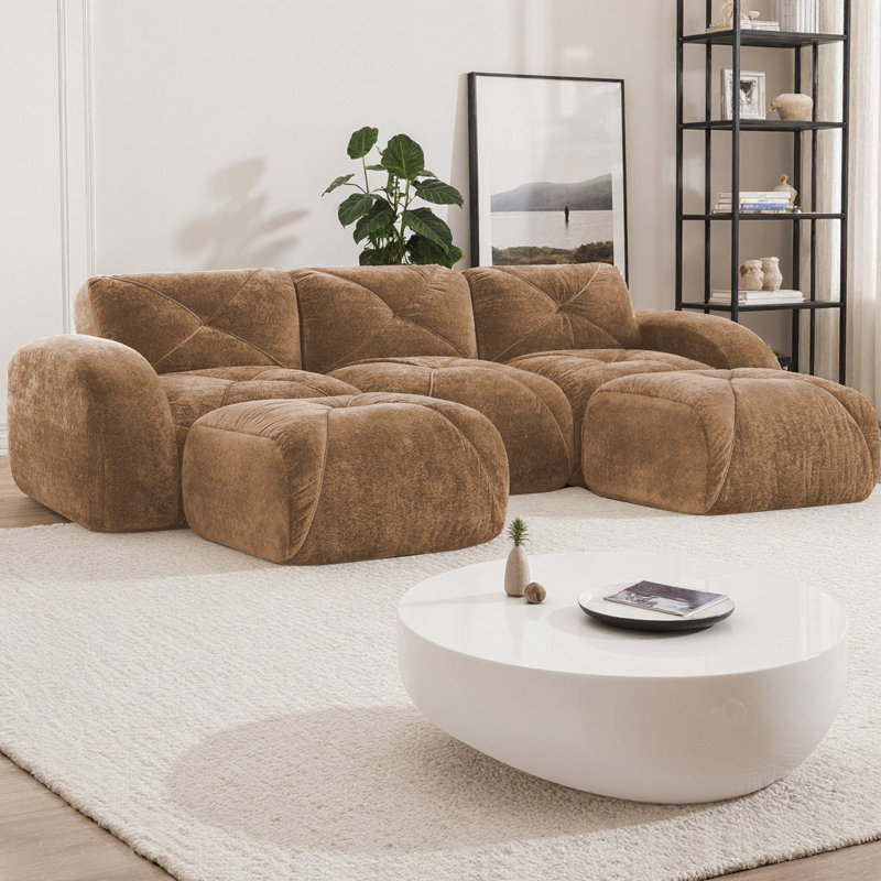 Canapé modulaire en forme de U avec repose-pieds mobile, tissu de velours capitonné et éponge à haute densité 32D, aucun assemblage requis pour le cinéma maison et le bureau, combinaison gratuite
