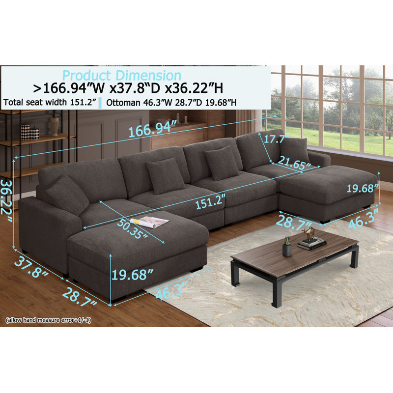 Chenille Modular 6 Wide Seats U-shaped Chaise Sectional with Two Large Ottomans, Deep Gray Polyester